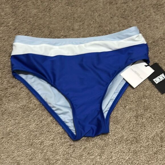 DKNY Women's M Hipster Bikini Bottoms Blue Colorblock High Waist Sporty New - Picture 1 of 9